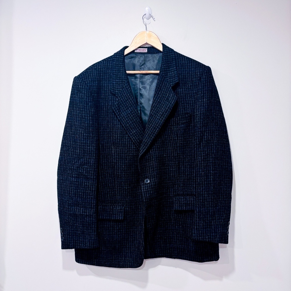 HENLEY Black Wool Plaid Blazer Classic Tailored Vintage |‎ 42R *
